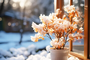 Winter frozen window with white old wooden frame. Outside window Snow clings to flowers in vase morning sunlight light yellow, blurred background. Abstract Texture Background. 