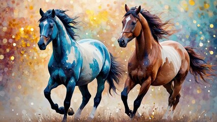 Vibrant Equine Duo: Abstract Artistic Horses in Motion