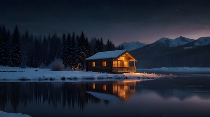 wood cabin by the river on a winter night panorama snow landscape banner.generative.ai  - obrazy, fototapety, plakaty