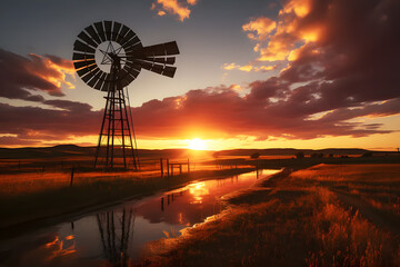 Landscape sunset on a farm with windmills on a farm. orange evening sunset on background. Panoramic view of wind farm or wind park. Realistic clipart template pattern.	
