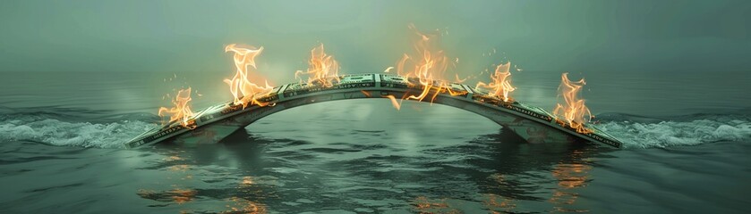 Burning Bridge Made of Money, A bridge constructed from currency notes burning at both ends, reflecting risky investments or relationships in business - obrazy, fototapety, plakaty