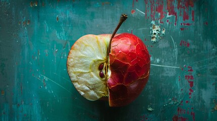 Split Apple, Half of the apple vibrant and fresh, the other half rotten, representing both growth and decay - obrazy, fototapety, plakaty