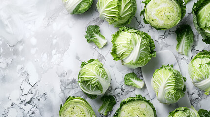 A pile of leafy green cabbage, a versatile ingredient in many cuisines, sitting on a table. Whether used in recipes or eaten raw, cabbage is a nutritious and natural food