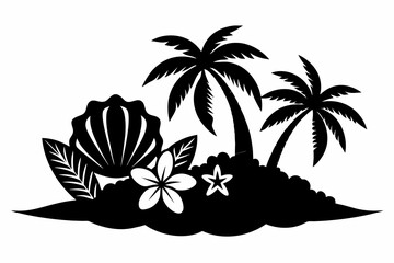  island sea shell flower coconut tree silhouette black isolated vector illustration