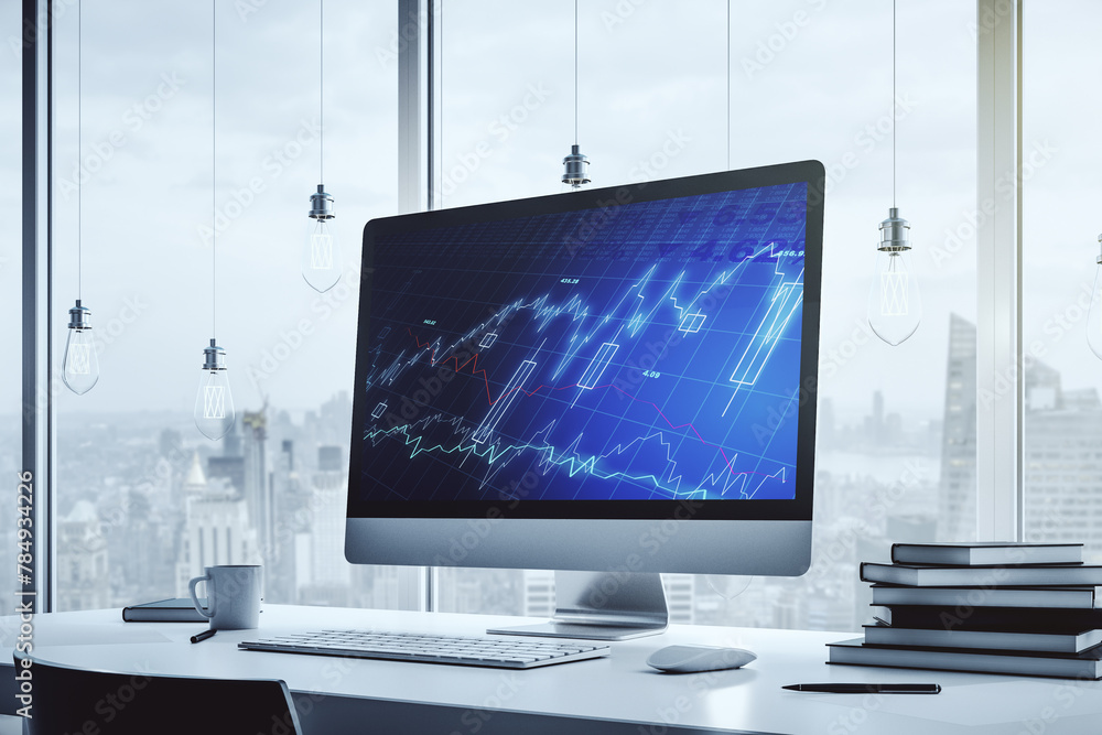 Poster Modern computer screen with abstract financial diagram, banking and accounting concept. 3D Rendering
