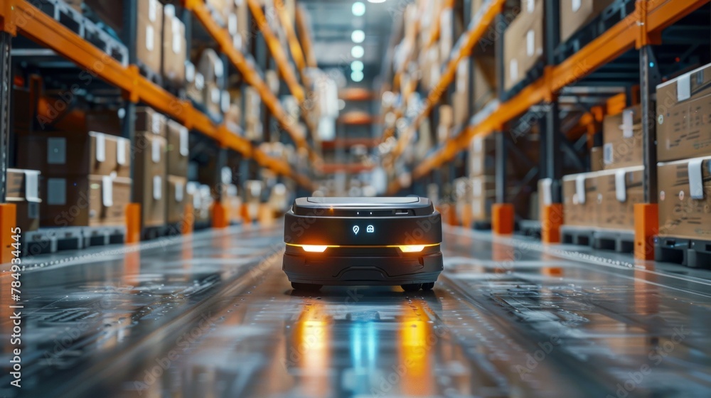 Poster automated guided vehicle navigating through a logistic center, ai generative