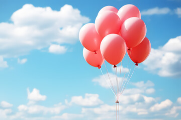 Pink balloons done with retro vintage filter effect. Floating in blue sky bright clouds. concept of festival, celebration, birthday, for background design. Realistic clipart template pattern.