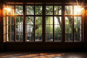 Minimal style interior old empty room and window modern dark black. Brown wooden floor. Sunlight shines through window, inside shadows. Green trees in garden with morning sunlight is background.