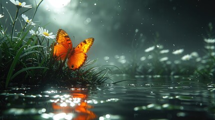 Butterfly Crossing a Moonlit Stream, Reflections Dancing on the Water's Surface.