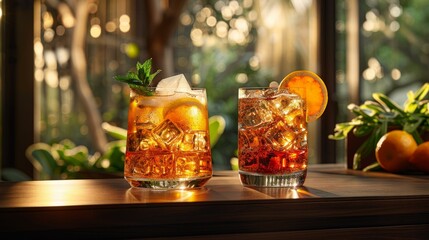 Two iconic cocktails, Gin and Tonic and Negroni, stand against a black wooden backdrop, their sophisticated allure highlighted by the contrast, AI Generative
