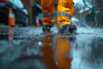 Street cleaning with high pressure water - obrazy, fototapety, plakaty