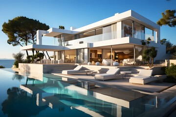 Fototapeta premium Landscape of Villa or hotel house modern with swimming pool. Caldera infinity typical architecture background. Luxury travel vacation destination. Upscale modern mansion beautiful interior decoration.