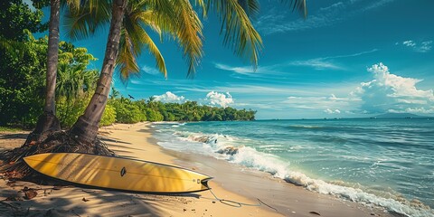 A surfing board kept near a palm tree with a big space on sand for text or product advertisement on sea shore, Generative AI. - obrazy, fototapety, plakaty
