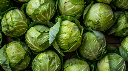 A stack of leafy green cabbage heads, a staple food and local produce, sitting on a wooden table. Cabbage is a whole food and natural ingredient - obrazy, fototapety, plakaty