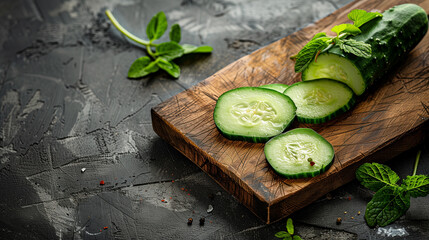 A cucumber, a vegetable often used in recipes and dishes, is being sliced on a wooden cutting board. This natural food ingredient is commonly found in various cuisines - obrazy, fototapety, plakaty