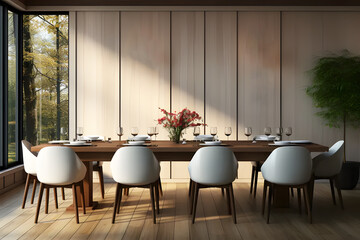 Stylish and botany interior of dining room with design craft wooden table, chairs, a lot of plants, big window, and elegant accessories in modern home decor. Realistic clipart template pattern.