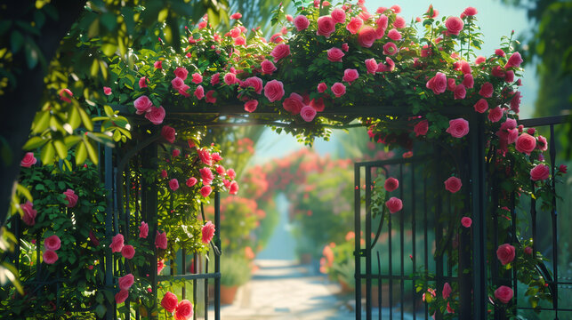 A garden gate enveloped by lush pink roses, creating a picturesque scene amidst an array of vibrant flowers, plants, leaves, and shrubs in a beautifully landscaped garden