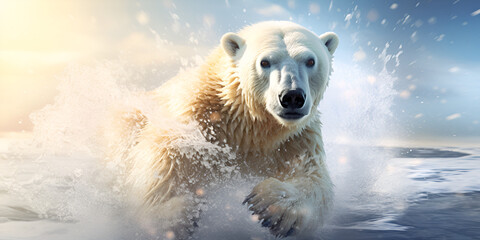 Wet wild polar bear emerging from water environment conservation with icing background
 - obrazy, fototapety, plakaty
