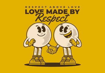 Love made by respect. Vintage character of two ball head, in hand in hand pose