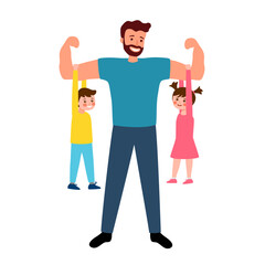 Happy father's day vector illustration greeting card. Super dad with his son and daughter hang on his arms.