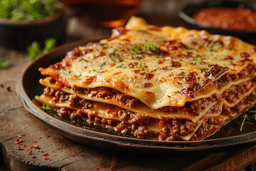 Close shot of lasagna made with minced beef bolognas kept on a tray on a wooden surface with space for text, Generative AI. - obrazy, fototapety, plakaty
