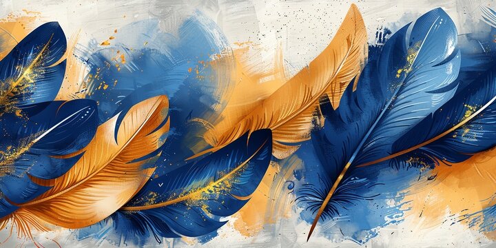 A vintage art of feathers with gold and blue color on a vintage paper backdrop with a big space for text, Generative AI.