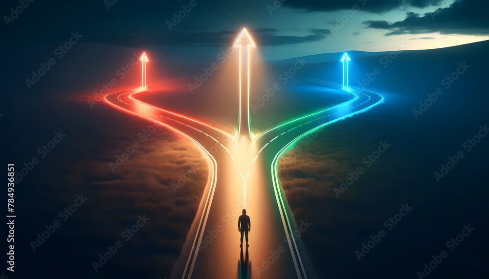 Aufkleber a person standing at a fork in a road that splits into three paths, each illuminated by a different 