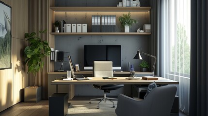 A modern home office and desk, Ergonomic chair and creatively designed wall