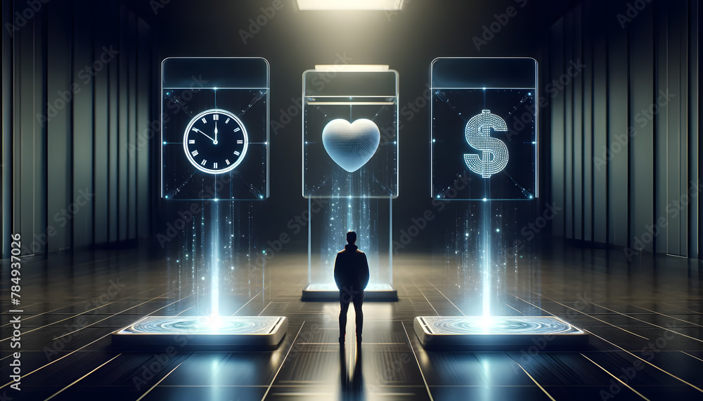 Poster a person standing at a virtual interface in a sleek, futuristic environment, interacting with three 