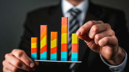 3d Statistik Datenauswertung am Chart mit Datenanalyse Auswertung von Daten und Fakten mit Stift und Finger drauf zeigen schwebend als Hologramm in der Hand Generative AI