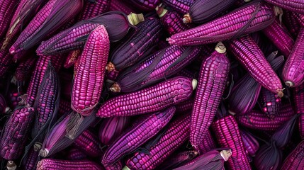 A backdrop of an array of erratically strewn purple corn full frame view deleterious food healthy eating and space, Generative AI. - obrazy, fototapety, plakaty