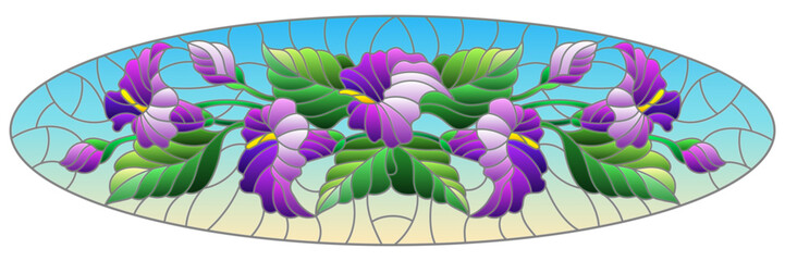 An illustration in stained glass style with a floral arrangement of Calla flowers, purple Calla and leaves on a blue background