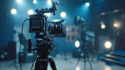 Video movie camera on a tripod in studio