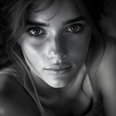 Pensive Gaze - Close-up Portrait of Thoughtful Young Woman in Soft Lighting