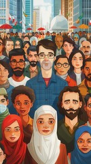 Illustrate a diverse group of people from different backgrounds coming together in a bustling city 