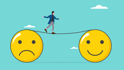 depressed businessman walking from sad to happy emoticon, Relaxation make anxiety or stressed to happy, relieve stress or problem concept, stress management