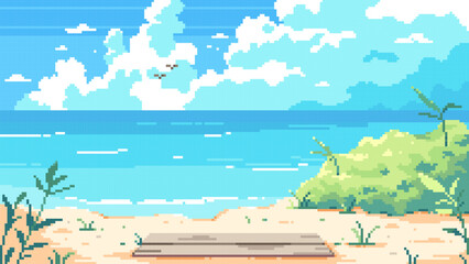 Pixel art background with 8-bit style Beach and Sea. Summer Pixel Game Illustration with Sky, Clouds, Ocean, Waves, Birds Sand Seaside. Summer Tropical Pixel Art Travel Landscape. 