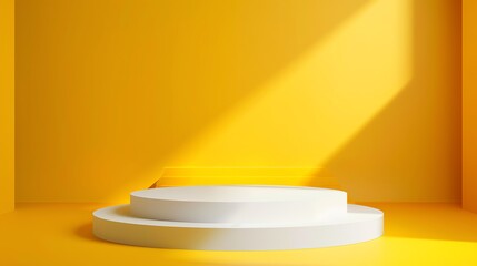 Beautiful round palstic empty podium with space for a product, yellow background