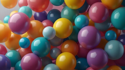 Abstract multicolored bubbles background with flying spheres or balloons, copy space. Colorful matte and glossy balls of different size on light blue background.generative.ai 