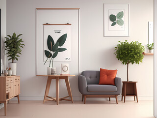 mock up poster frame in modern interior background, living room, 3D tender, 3D illustration