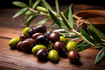 Olives on wooden background. Fresh Olive fruits