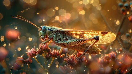 Playful Grasshopper Chirping Cheerfully in a Sunlit Meadow, Adding Melody to Nature's Symphony. - obrazy, fototapety, plakaty