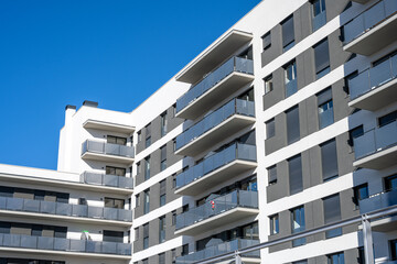 New white apartment building with balconies seen in Barcelona, Spain - 784939408