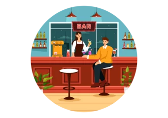 Fotobehang Cocktail Bar or Nightclub Vector Illustration of Friends Hanging Out with Alcoholic Fruit Juice Drinks or Cocktails in Flat Cartoon Background © denayune