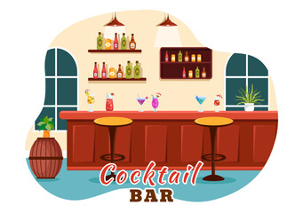 Cocktail Bar or Nightclub Vector Illustration of Friends Hanging Out with Alcoholic Fruit Juice Drinks or Cocktails in Flat Cartoon Background