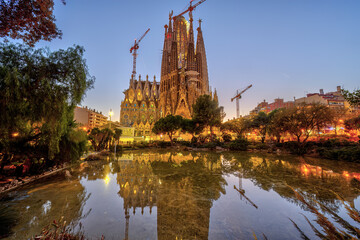 The famous Sagrada Familia in Barcelona after sunset