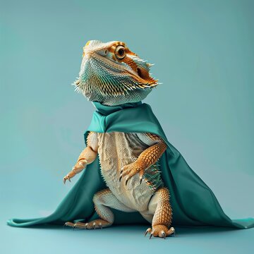 Bearded dragon in a tiny mask and cape, heroic stance, teal background