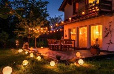 Serene Summer Evening in a Beautiful Backyard Garden With Warm Lights
