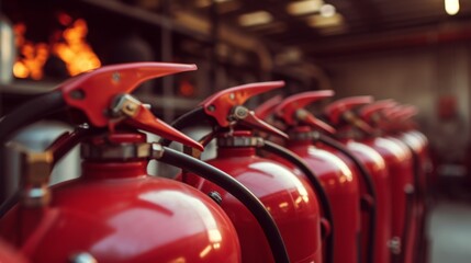 Close - up of row of fire extinguishers