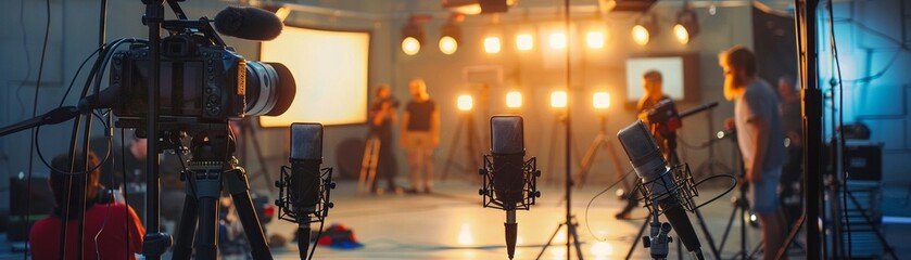 a movie sets with around microphones and camera lights - obrazy, fototapety, plakaty